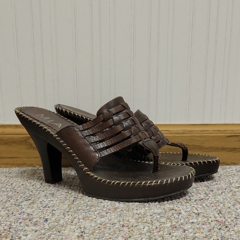 Mia Dark Brown Leather Platform Y2K Mules Sz 7.5 Vintage Retro Summer Business